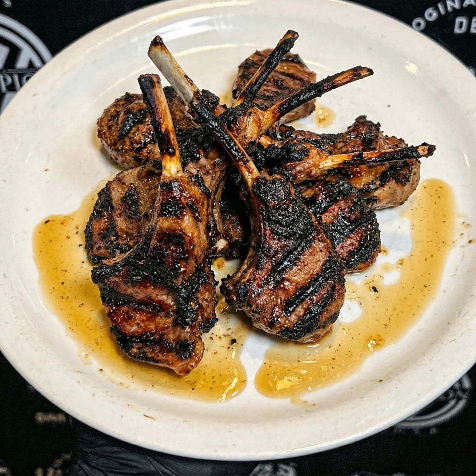 Grilled lamb chops with char marks and a light sauce on a white plate.