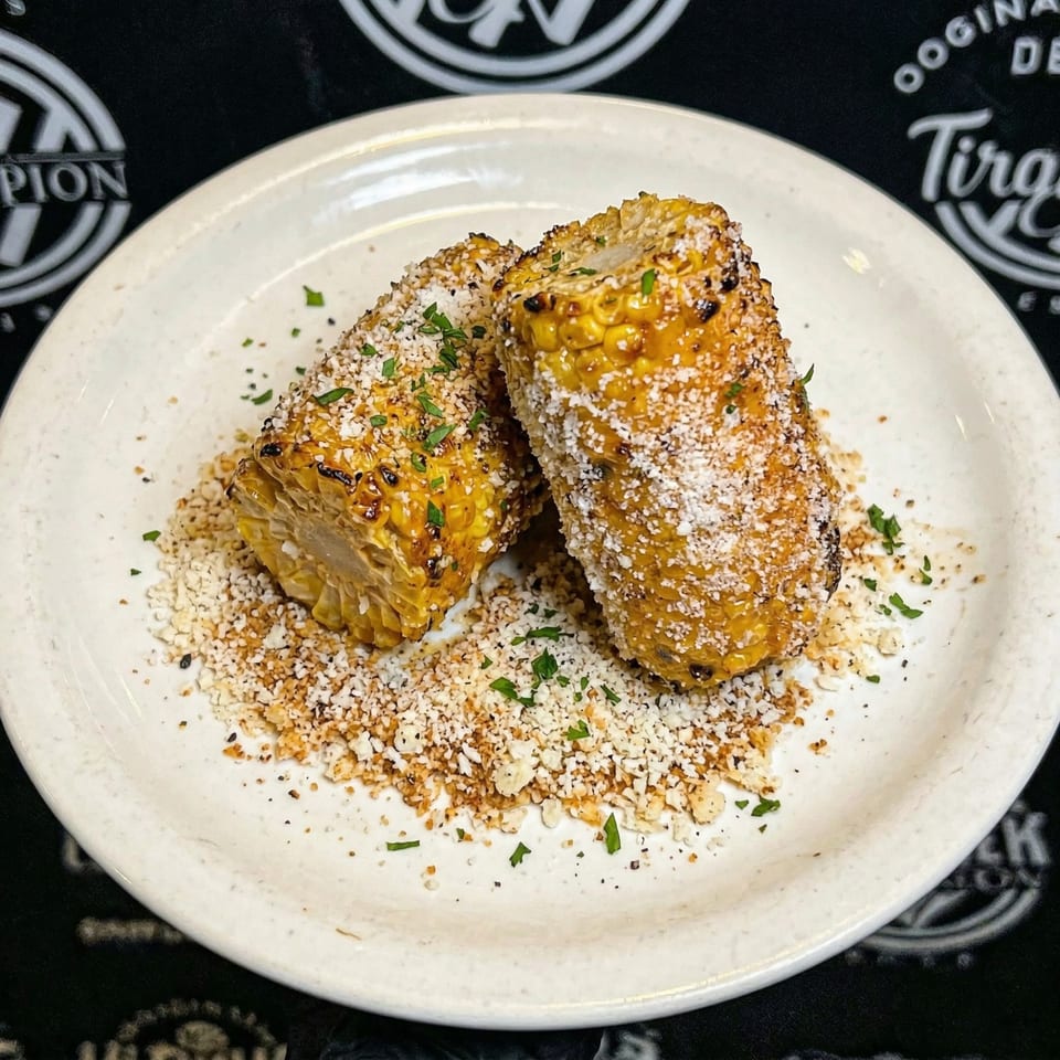 Two grilled corn on the cob halves, topped with white cheese and green herbs, on a white plate.